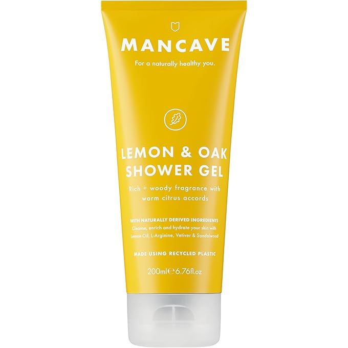ManCave Lemon and Oak Shower Gel for Men, Refreshing Aroma with Lemon Oil, Bergamot and Rosemary, Sulphate and Paraben Free, Natural, Vegan, Cruelty Free, 200 ml